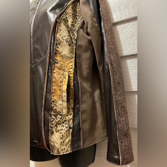 Brown Leather & Mixed Fabric Moto Jacket - Picture 5 of 7